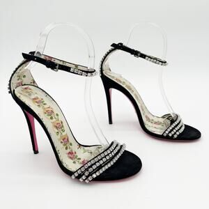 Gucci Ilse Crystal Embellished Black Suede Ankle Strap Stiletto Sandals EU 36.5